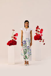 White Floral Flutter Sleeve Maxi Dress