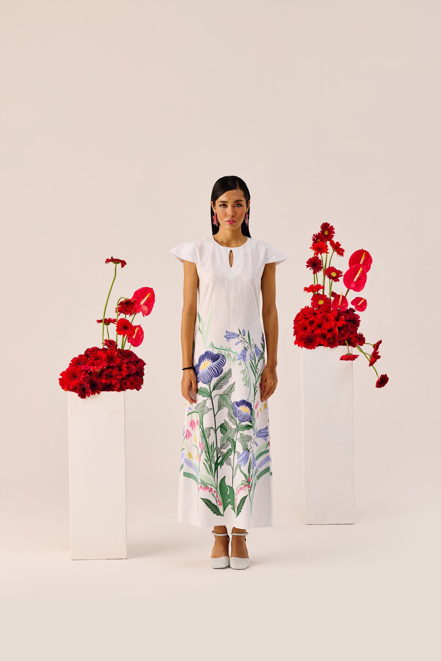 White Floral Flutter Sleeve Maxi Dress