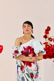 Ice Blue Floral One Shoulder Maxi Dress