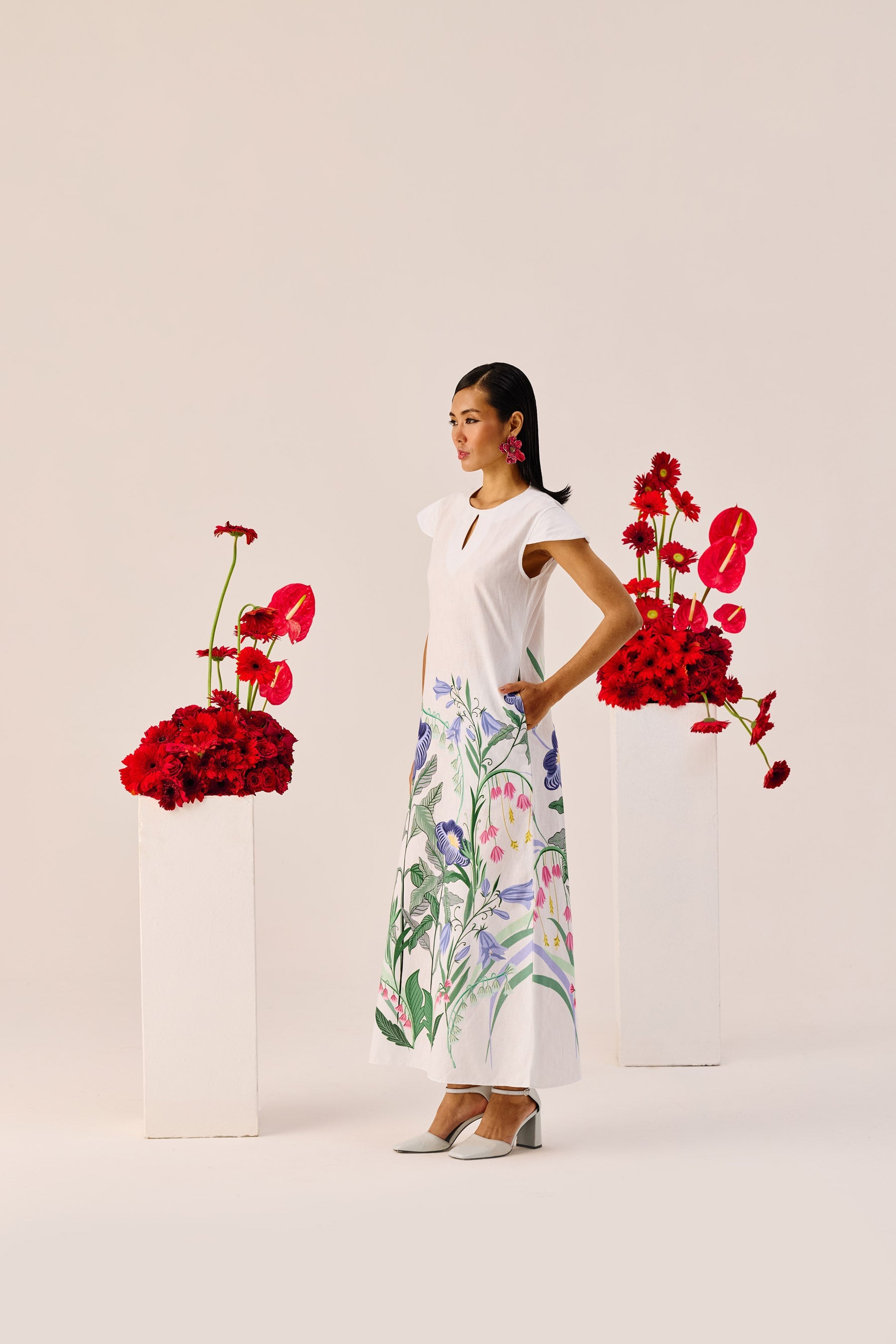White Floral Flutter Sleeve Maxi Dress