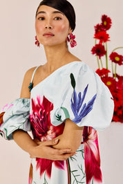 Ice Blue Floral One Shoulder Maxi Dress