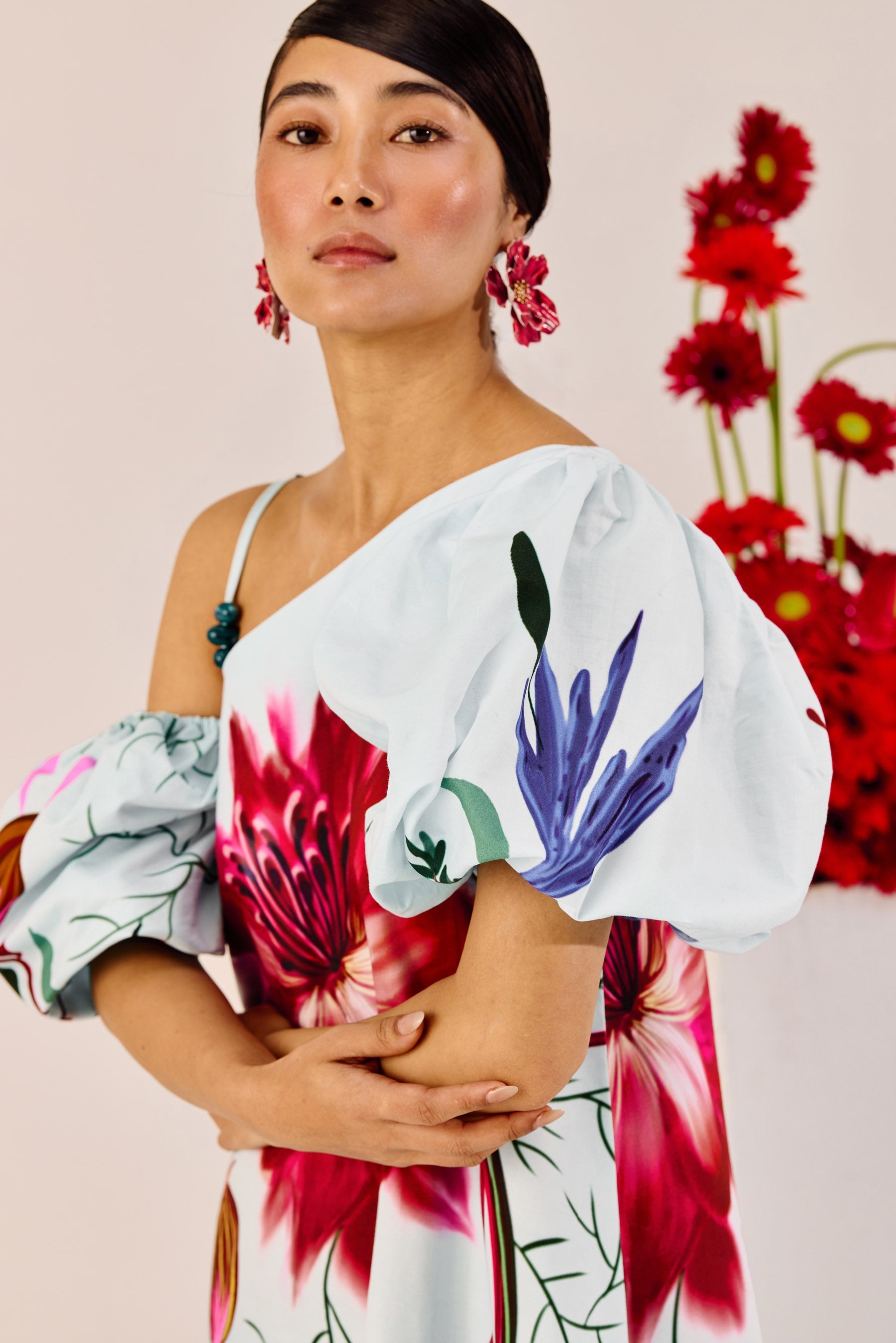 Ice Blue Floral One Shoulder Maxi Dress