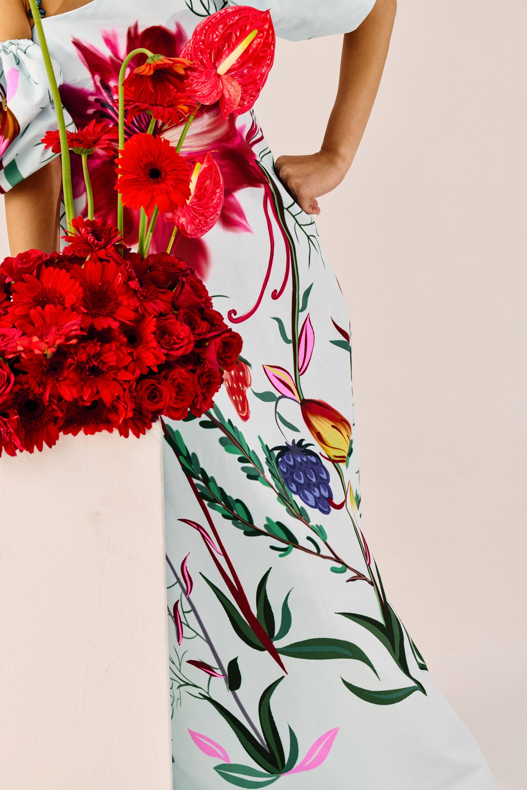 Ice Blue Floral One Shoulder Maxi Dress
