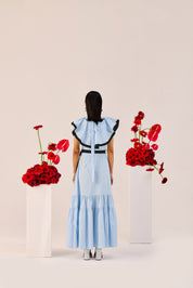 Light Blue Ruffle Maxi Dress With Contrast Trim