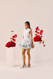 White Balloon Hem Floral Mini Dress