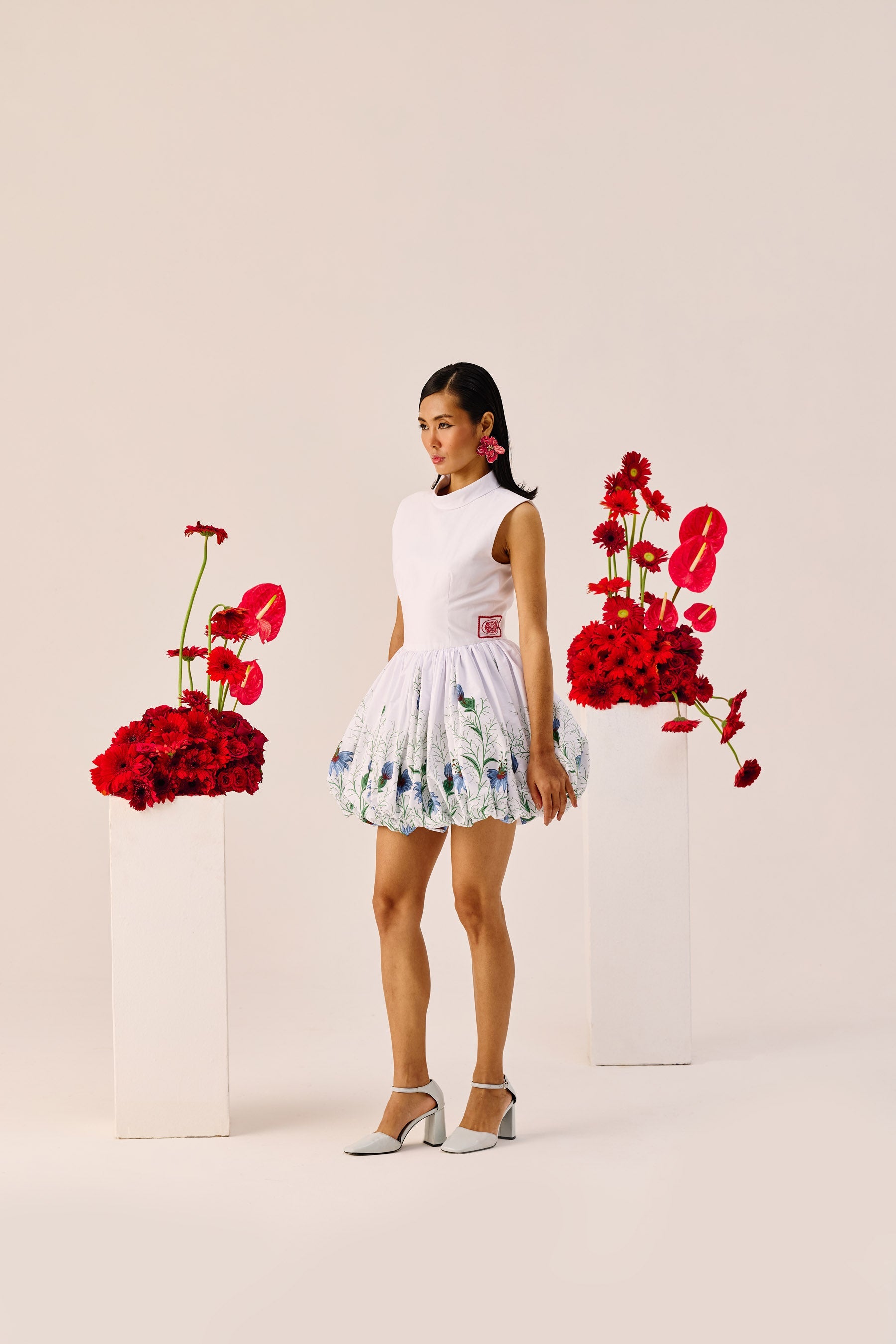 White Balloon Hem Floral Mini Dress