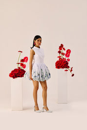 White Balloon Hem Floral Mini Dress