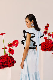 Light Blue Ruffle Maxi Dress With Contrast Trim