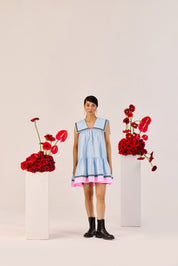 Pastel Blue A Line Mini Dress With Pink Contrast Hem