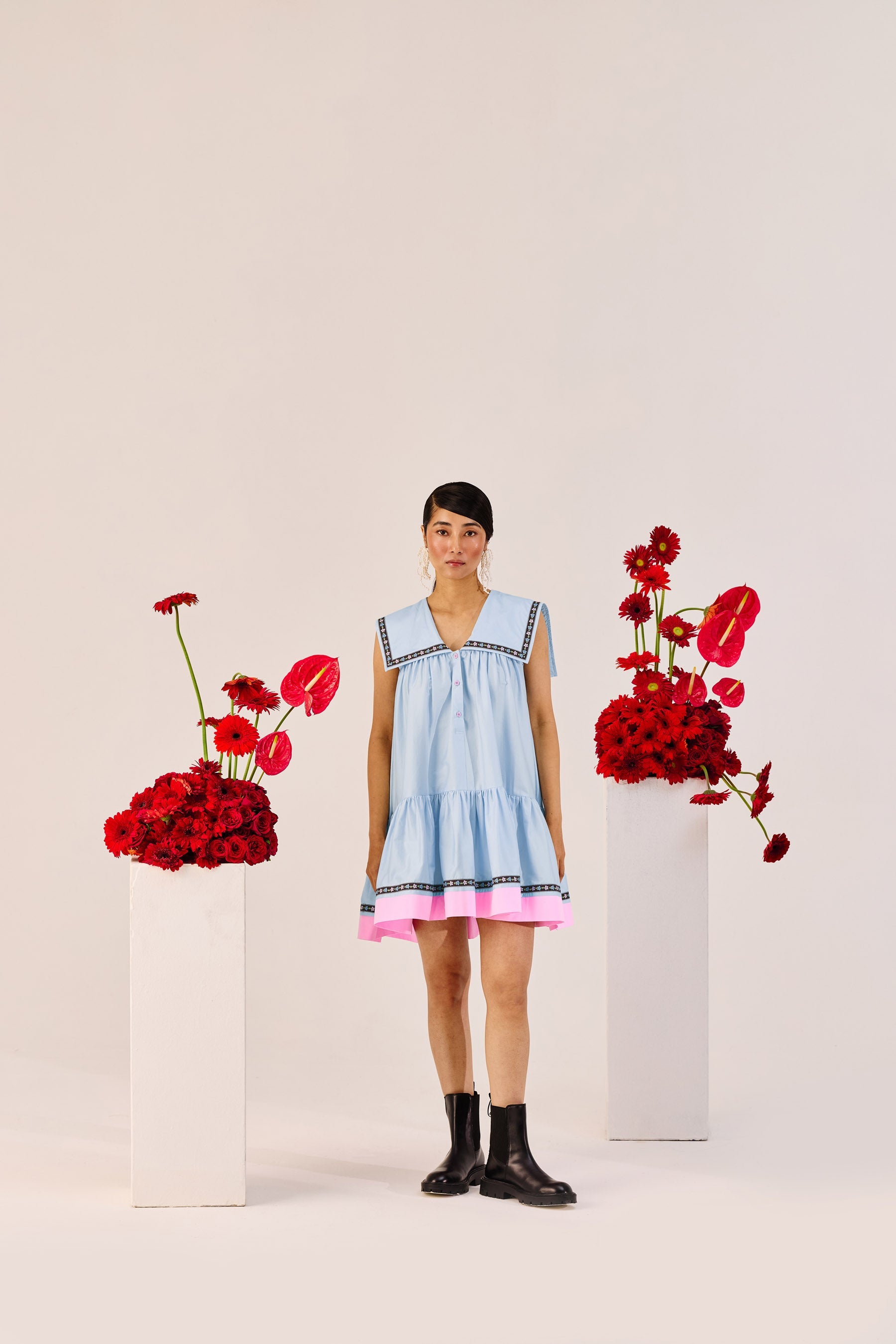 Pastel Blue A Line Mini Dress With Pink Contrast Hem