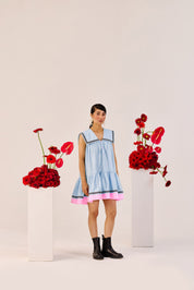 Pastel Blue A Line Mini Dress With Pink Contrast Hem