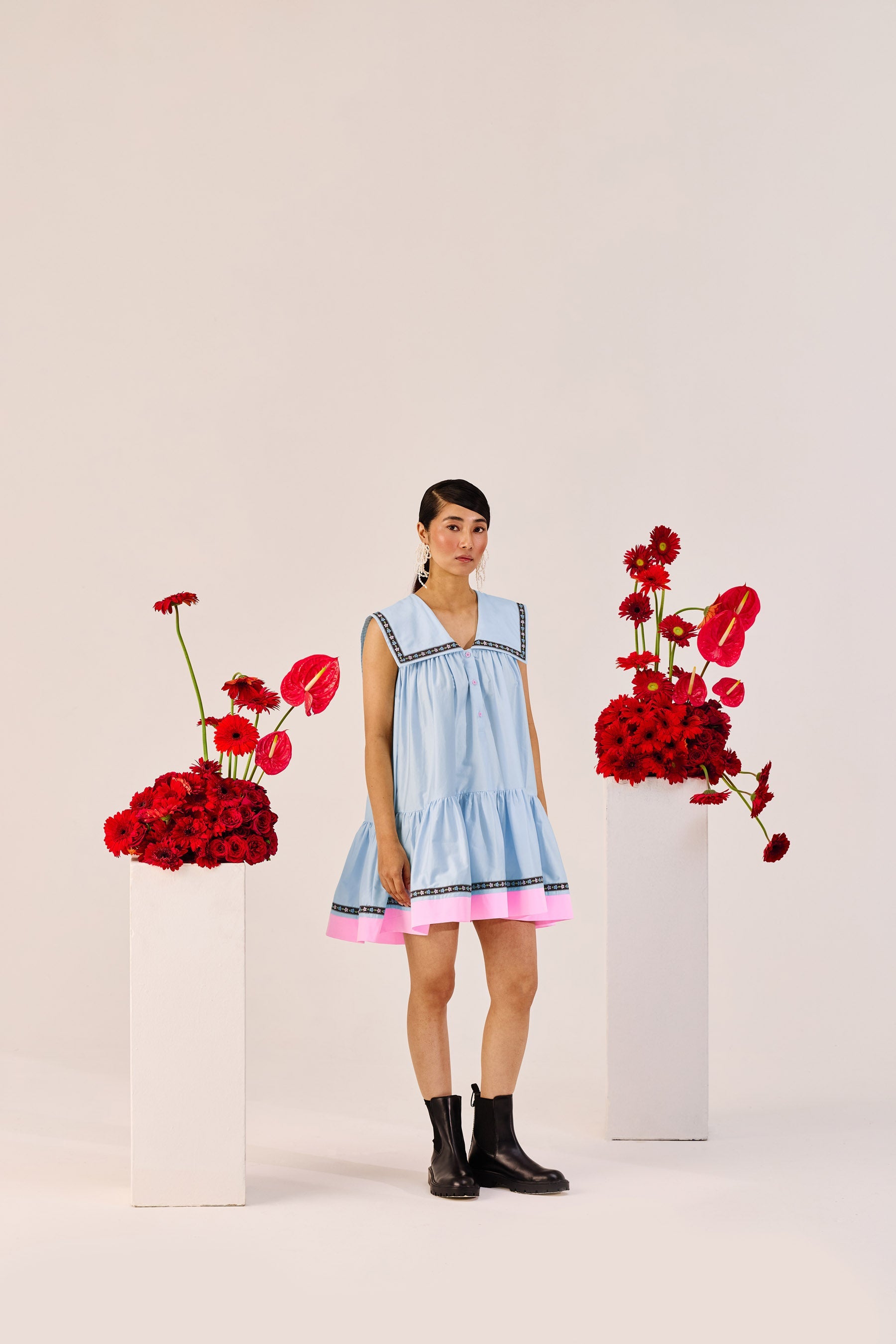Pastel Blue A Line Mini Dress With Pink Contrast Hem