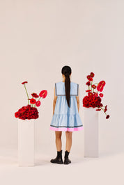 Pastel Blue A Line Mini Dress With Pink Contrast Hem