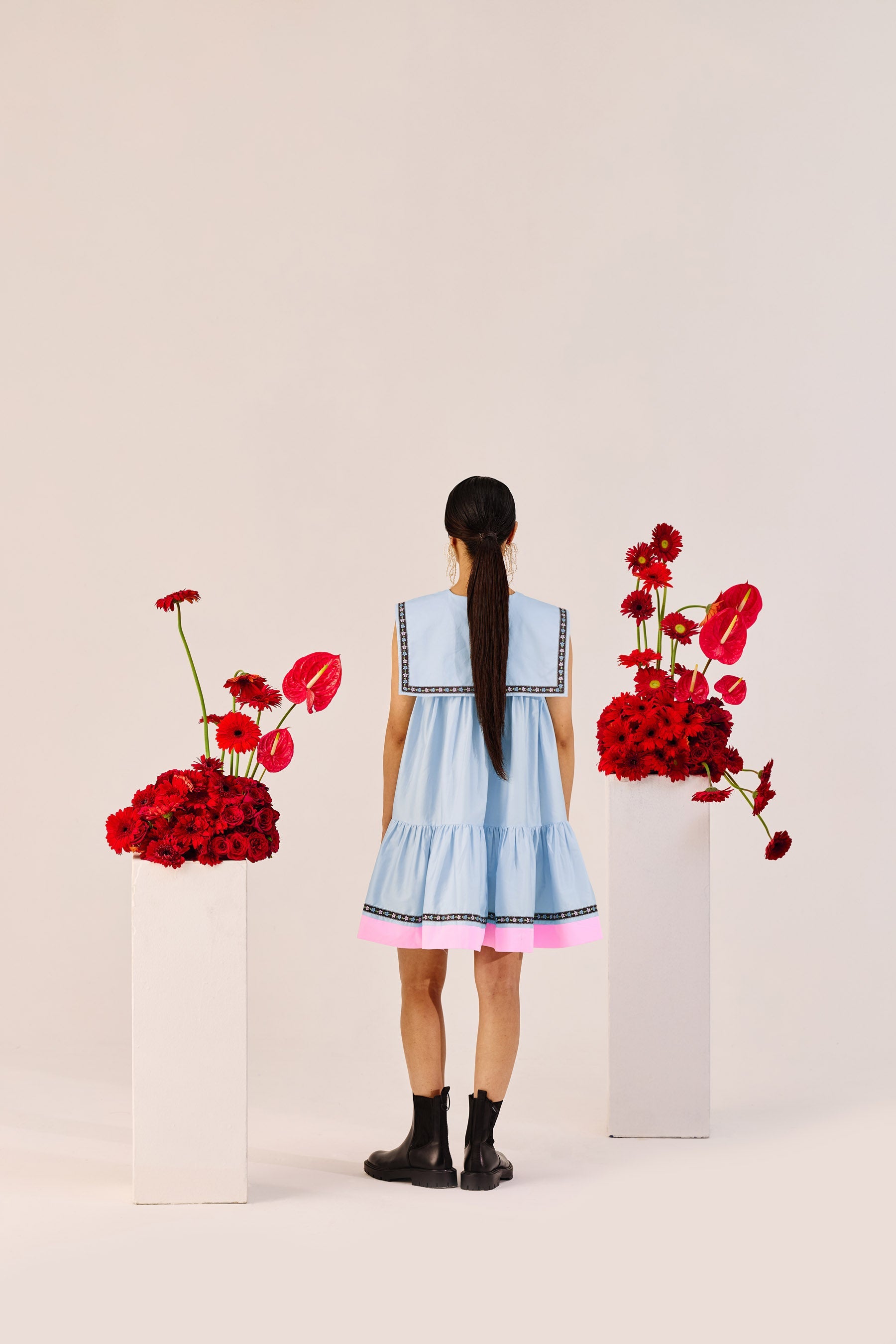 Pastel Blue A Line Mini Dress With Pink Contrast Hem