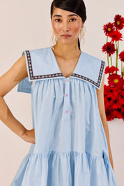 Pastel Blue A Line Mini Dress With Pink Contrast Hem
