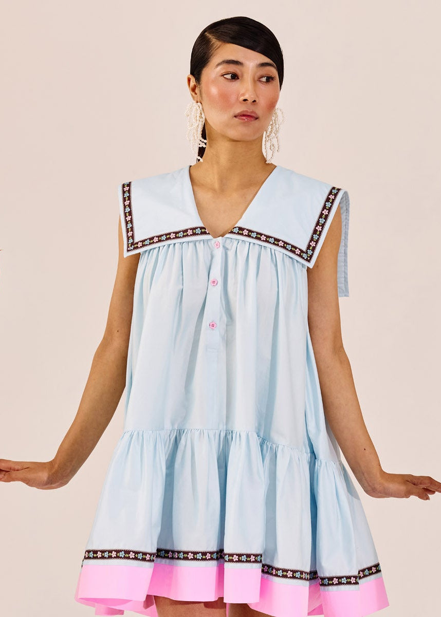 Pastel Blue A Line Mini Dress With Pink Contrast Hem
