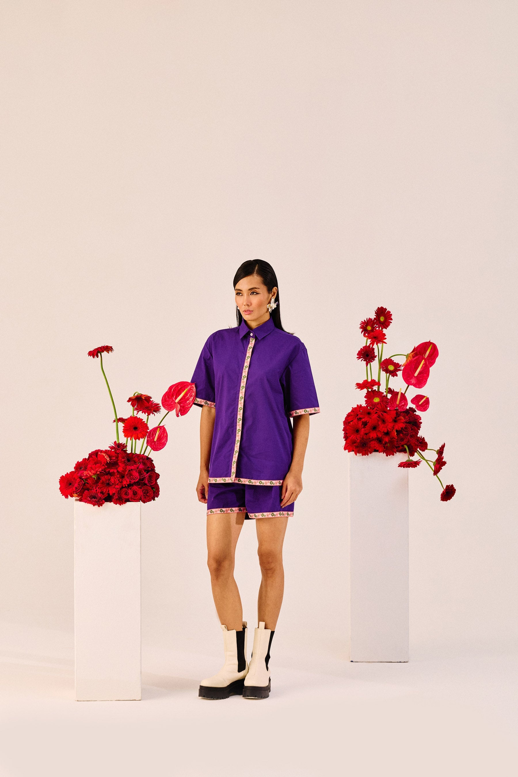 Purple Embroidered Cotton Co-Ord Set
