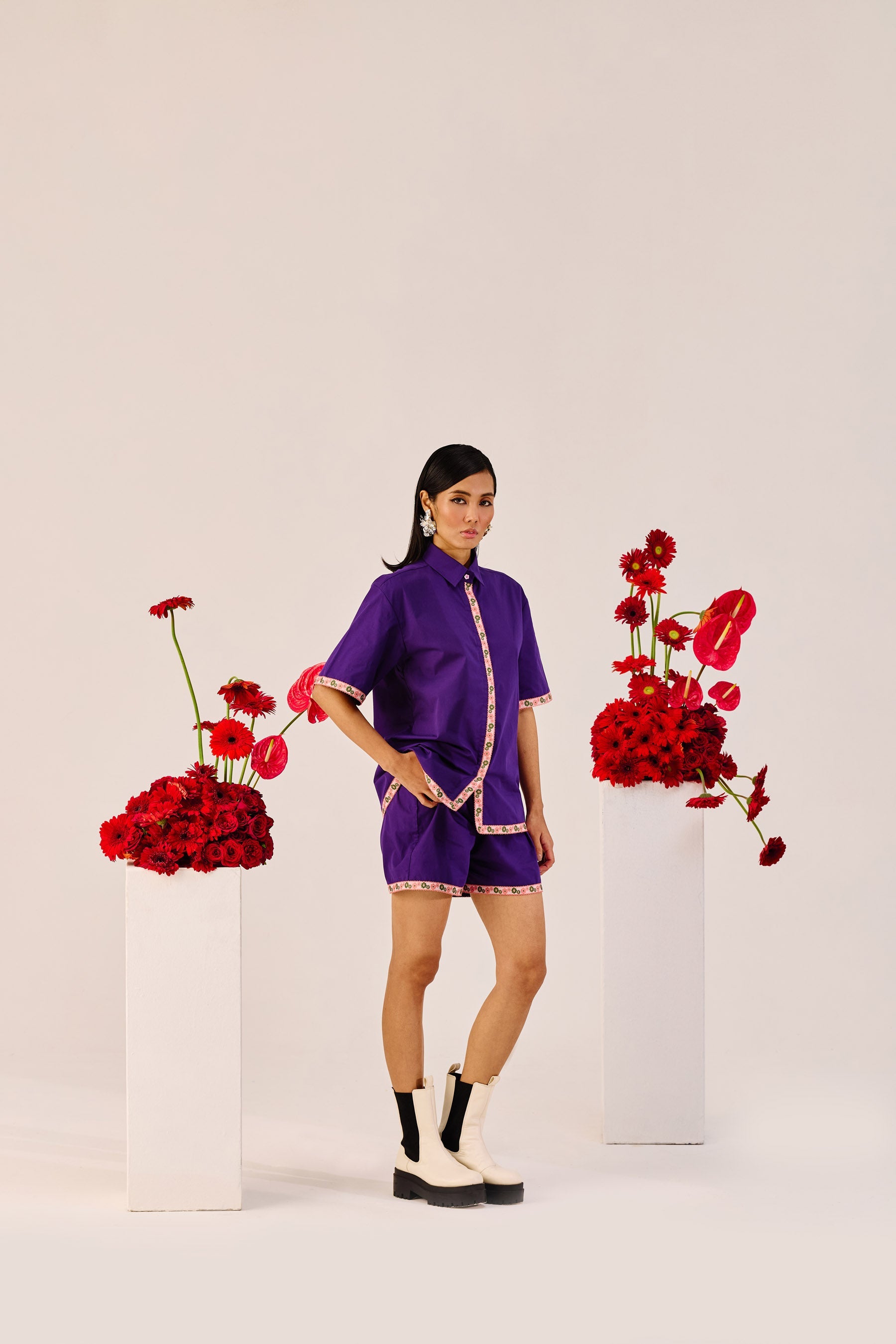 Purple Embroidered Cotton Co-Ord Set