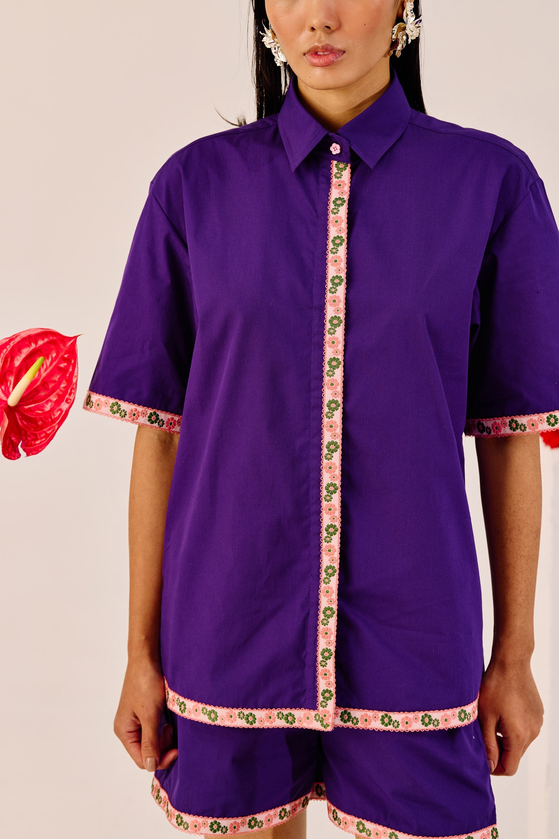 Purple Embroidered Cotton Co-Ord Set