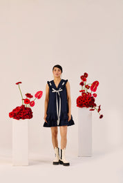 Navy Blue Ruffle Mini Dress With Contrast Tie