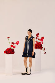 Navy Blue Ruffle Mini Dress With Contrast Tie