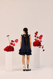 Navy Blue Ruffle Mini Dress With Contrast Tie