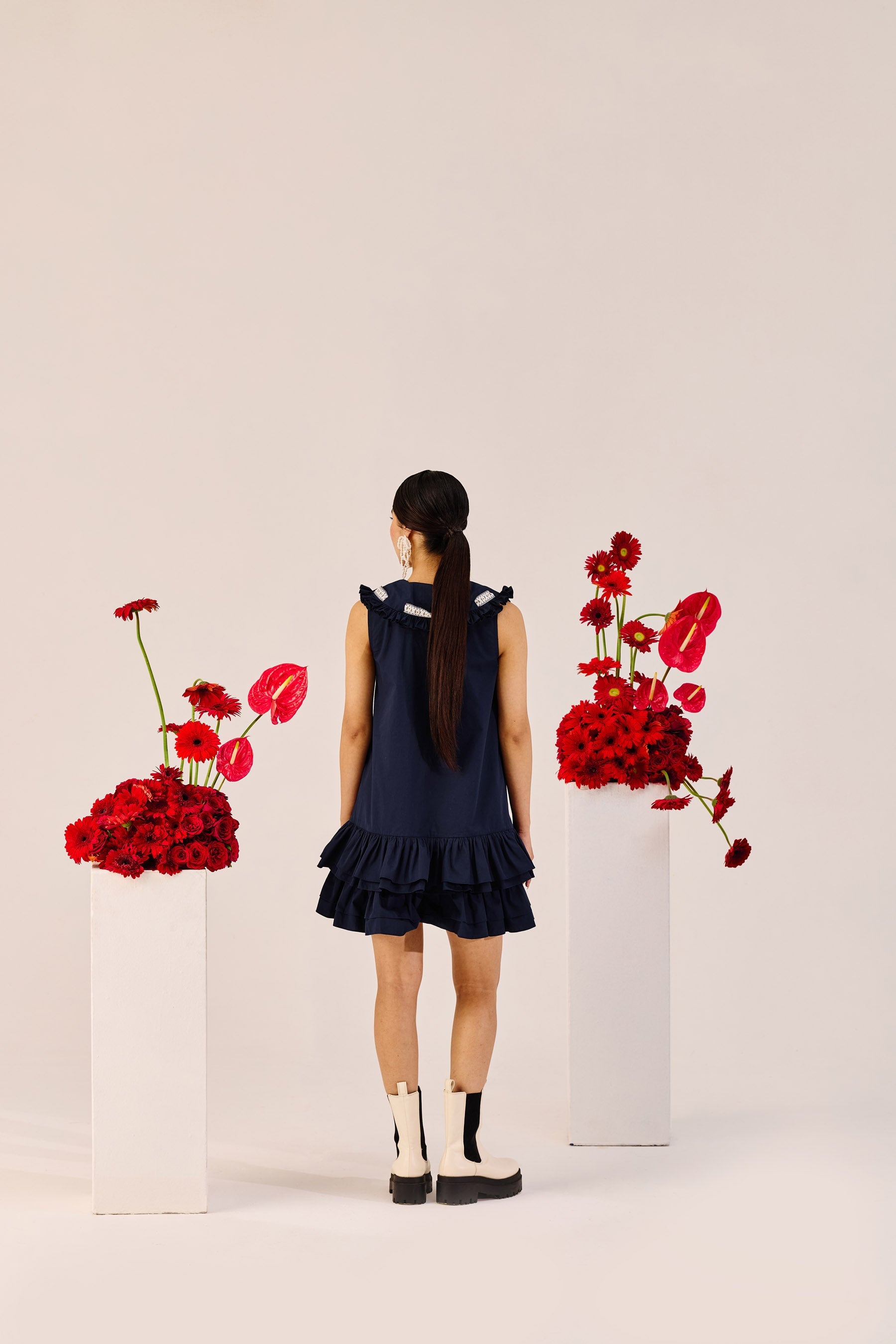 Navy Blue Ruffle Mini Dress With Contrast Tie