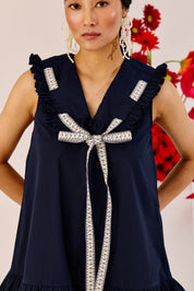 Navy Blue Ruffle Mini Dress With Contrast Tie