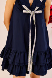 Navy Blue Ruffle Mini Dress With Contrast Tie