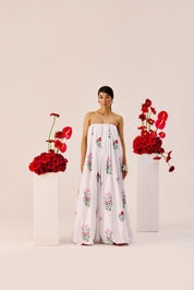 White Floral Wide Leg Strapless Jumpsuit