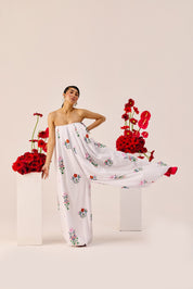 White Floral Wide Leg Strapless Jumpsuit