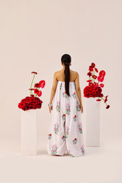 White Floral Wide Leg Strapless Jumpsuit