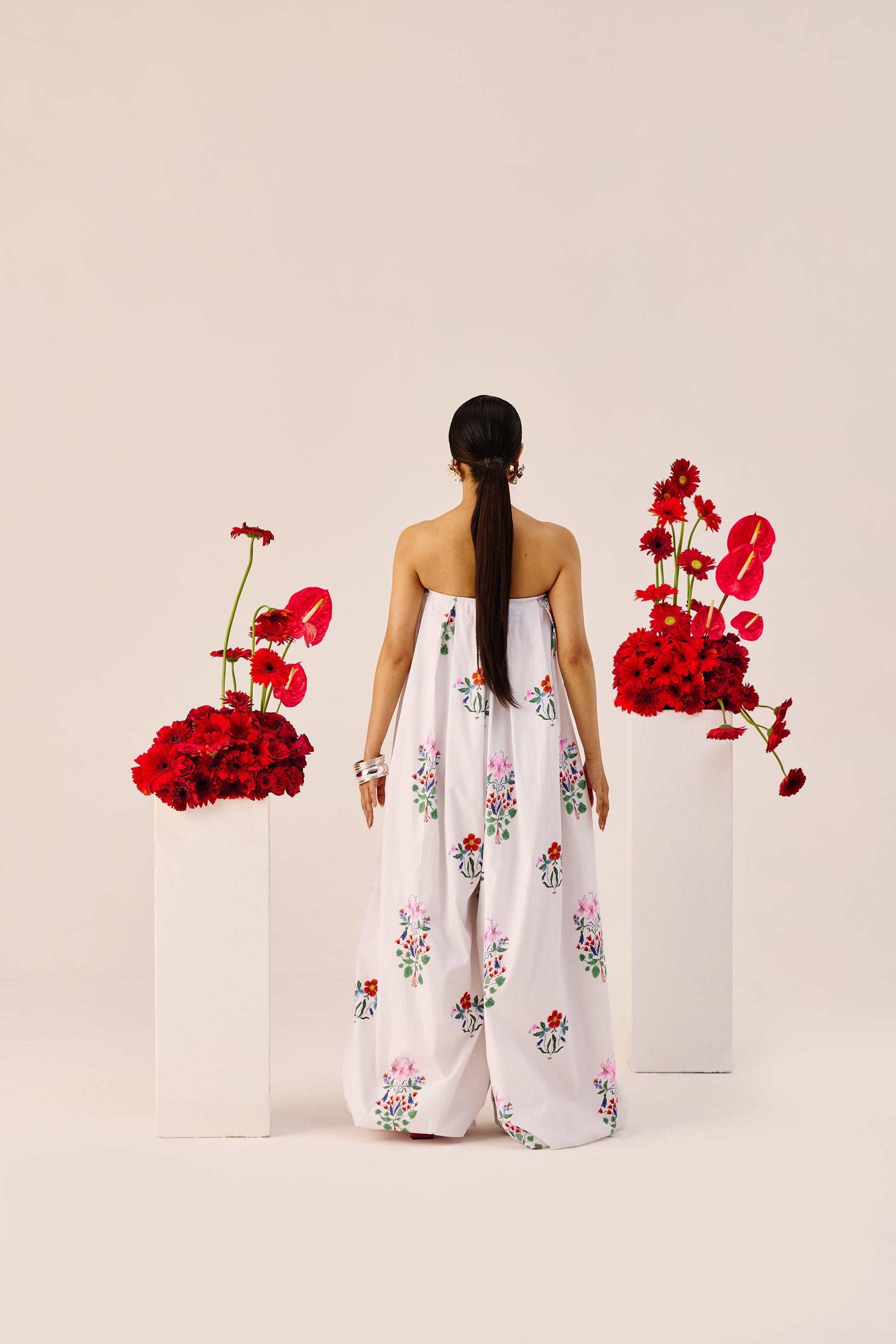 White Floral Wide Leg Strapless Jumpsuit