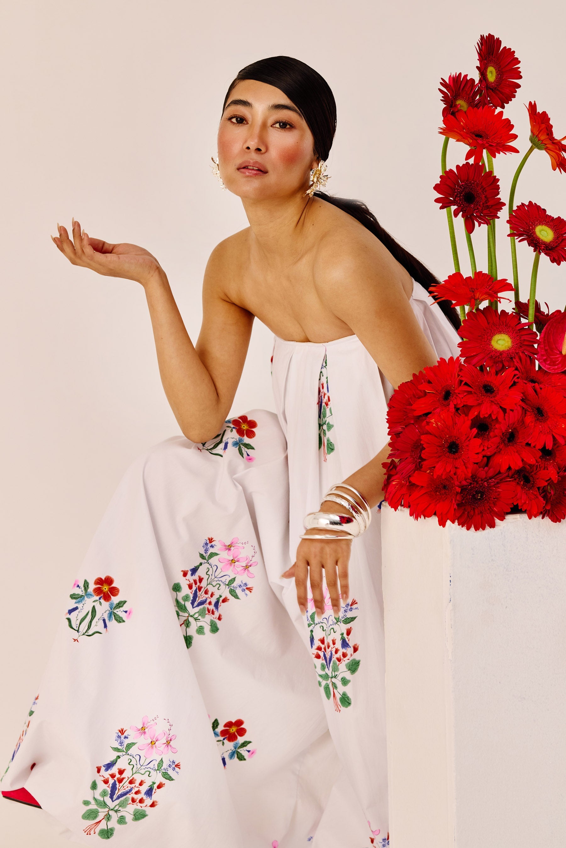 White Floral Wide Leg Strapless Jumpsuit