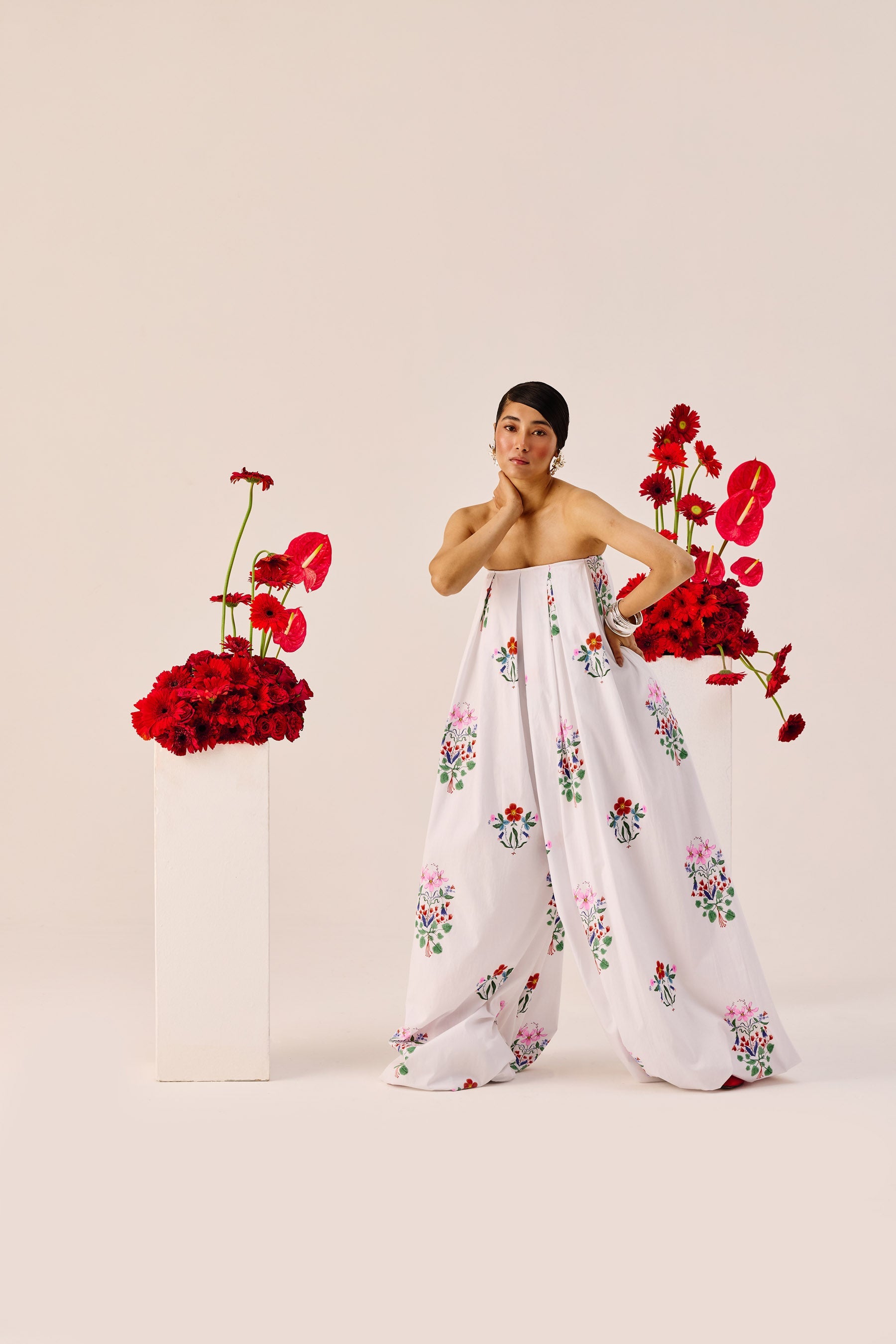 White Floral Wide Leg Strapless Jumpsuit