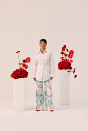 White Handmade Embellished Cotton Linen Shirt