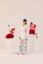 White Handmade Embellished Cotton Linen Shirt