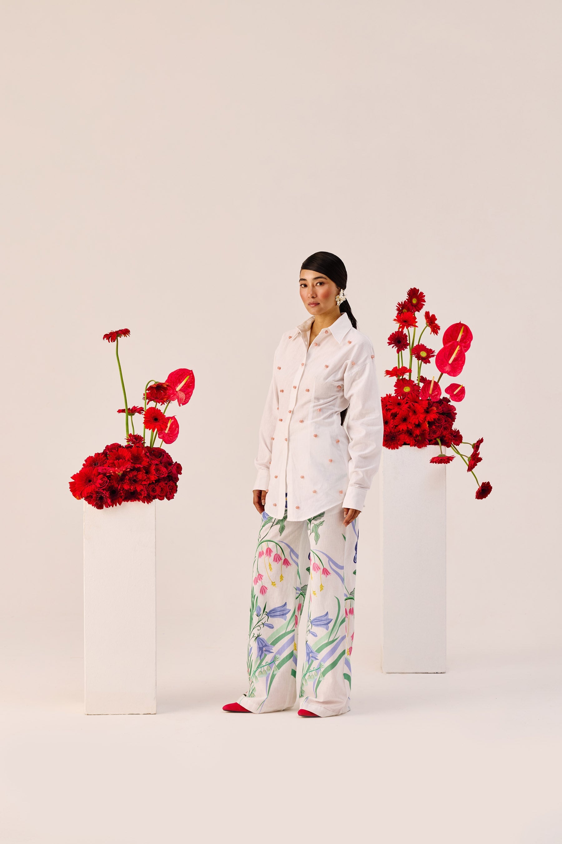 White Handmade Embellished Cotton Linen Shirt