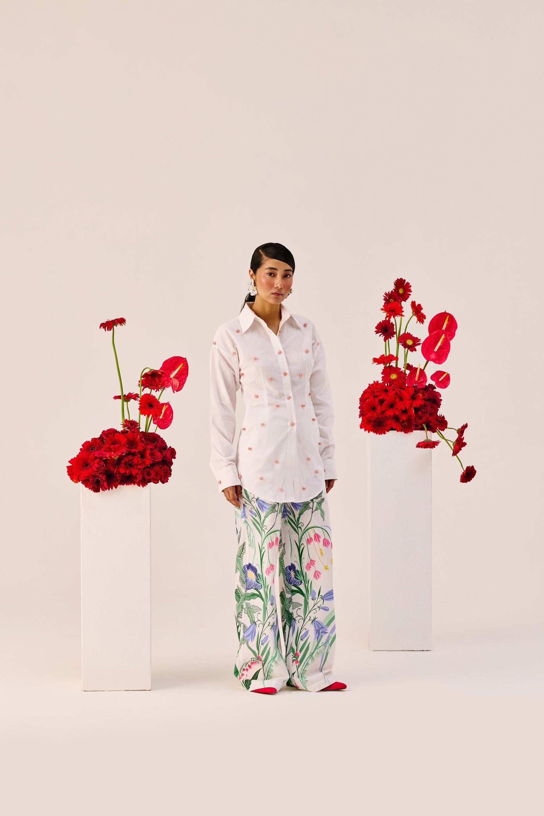 White Handmade Embellished Cotton Linen Shirt