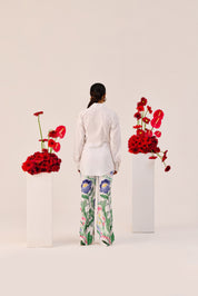 White Handmade Embellished Cotton Linen Shirt