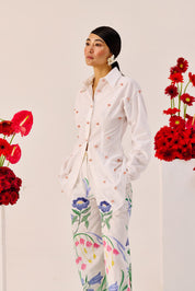 White Handmade Embellished Cotton Linen Shirt