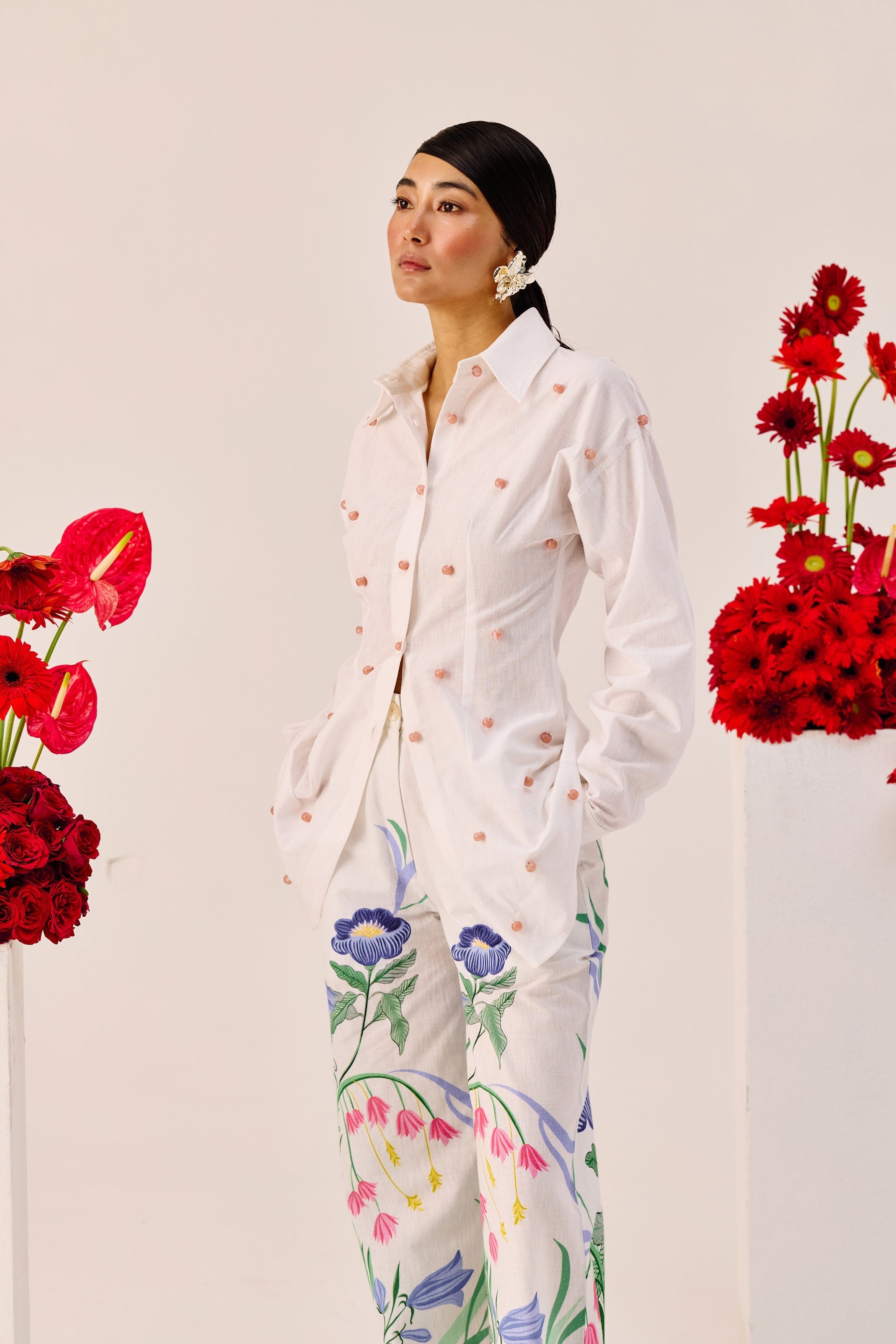 White Handmade Embellished Cotton Linen Shirt