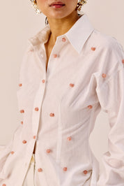 White Handmade Embellished Cotton Linen Shirt