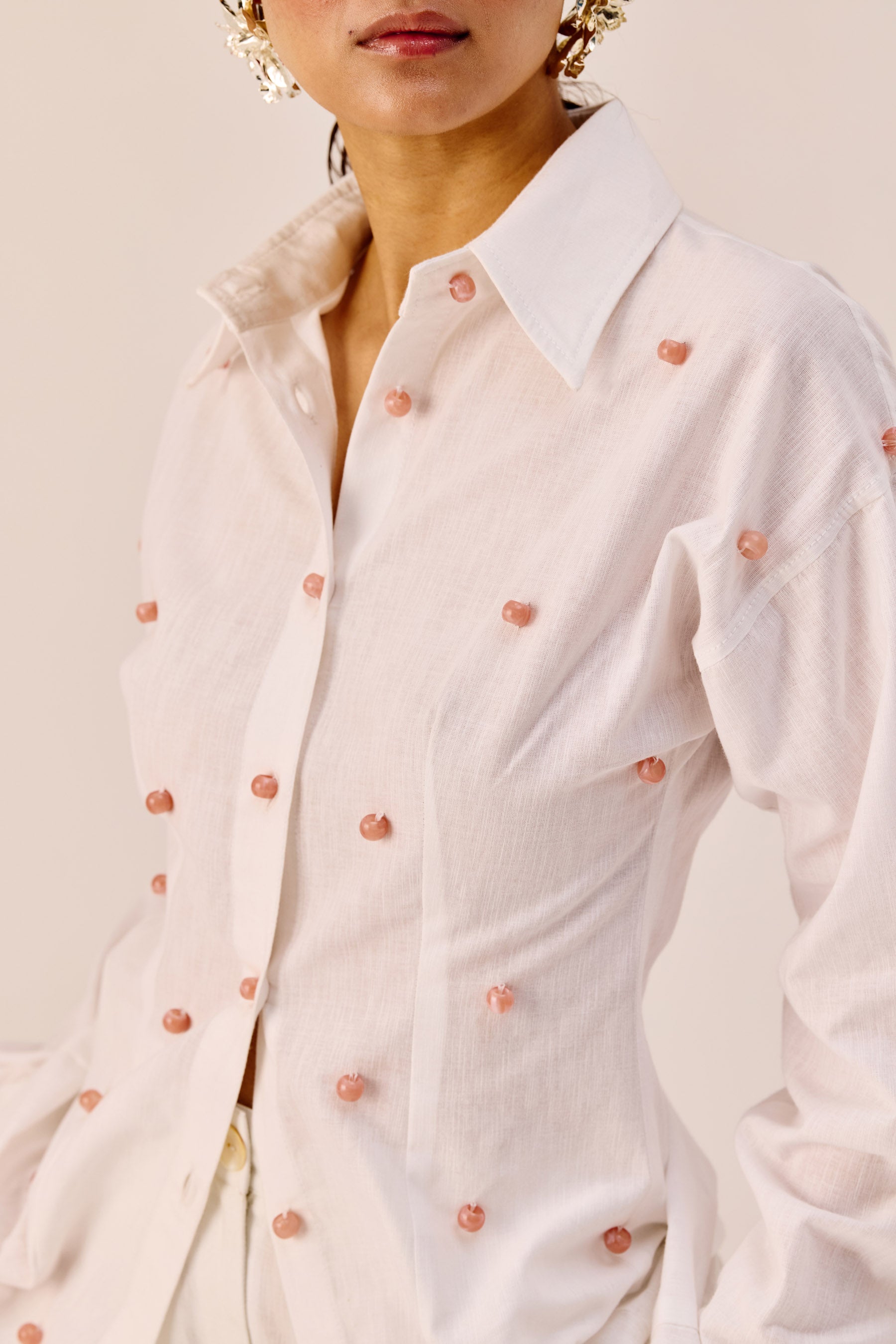 White Handmade Embellished Cotton Linen Shirt