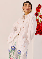White Handmade Embellished Cotton Linen Shirt