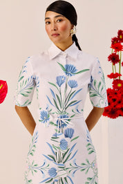 Blue Green Botanical Print Shirt Collar Midi Dress