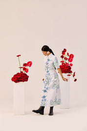 Blue Green Botanical Print Shirt Collar Midi Dress