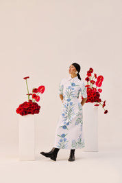Blue Green Botanical Print Shirt Collar Midi Dress
