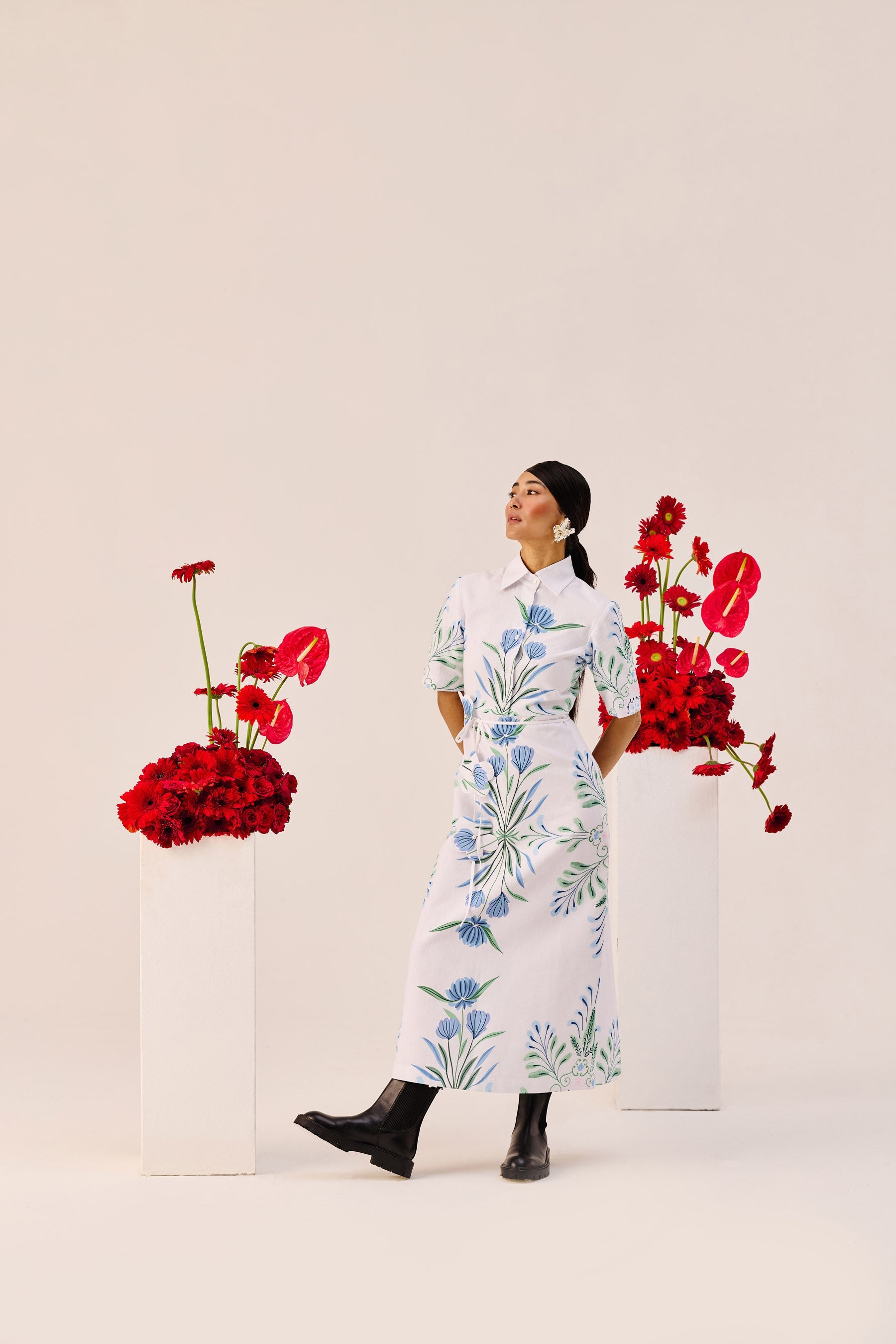 Blue Green Botanical Print Shirt Collar Midi Dress