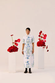 Blue Green Botanical Print Shirt Collar Midi Dress
